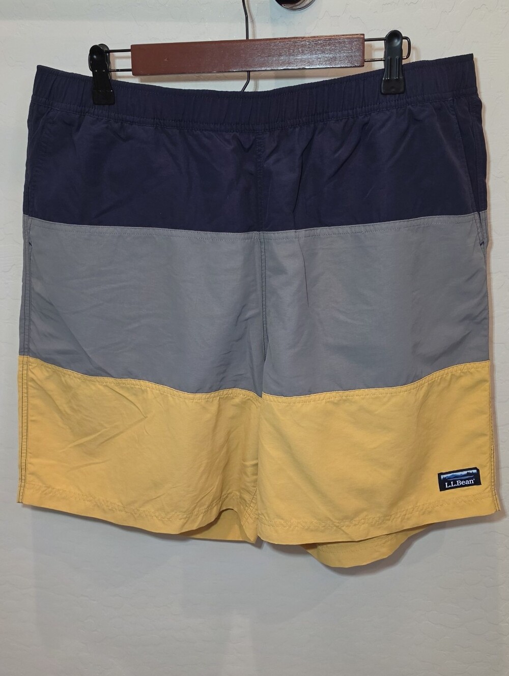 L.L. Bean Men’s Colorblock Swim Trunks in Navy, Gray, Yellow